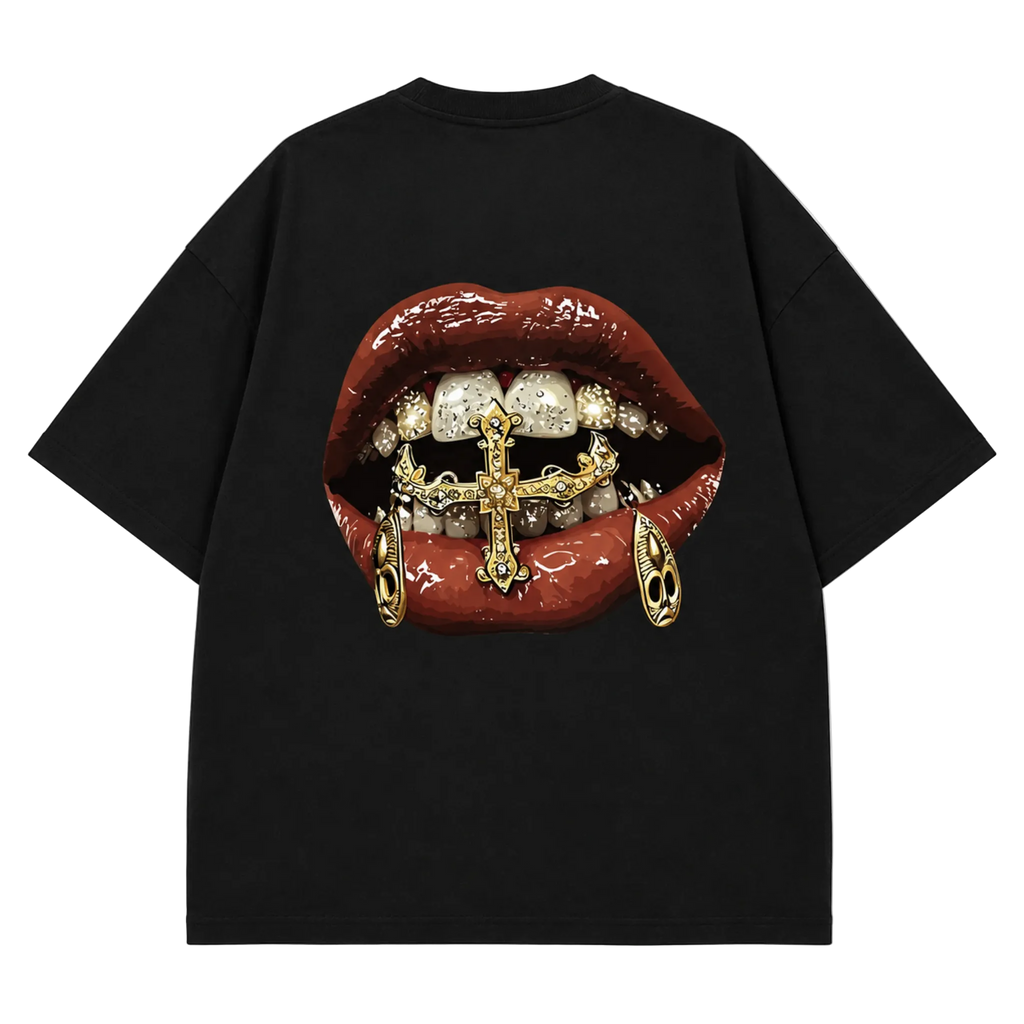 Gold Grillz Red Lips Oversized Tee