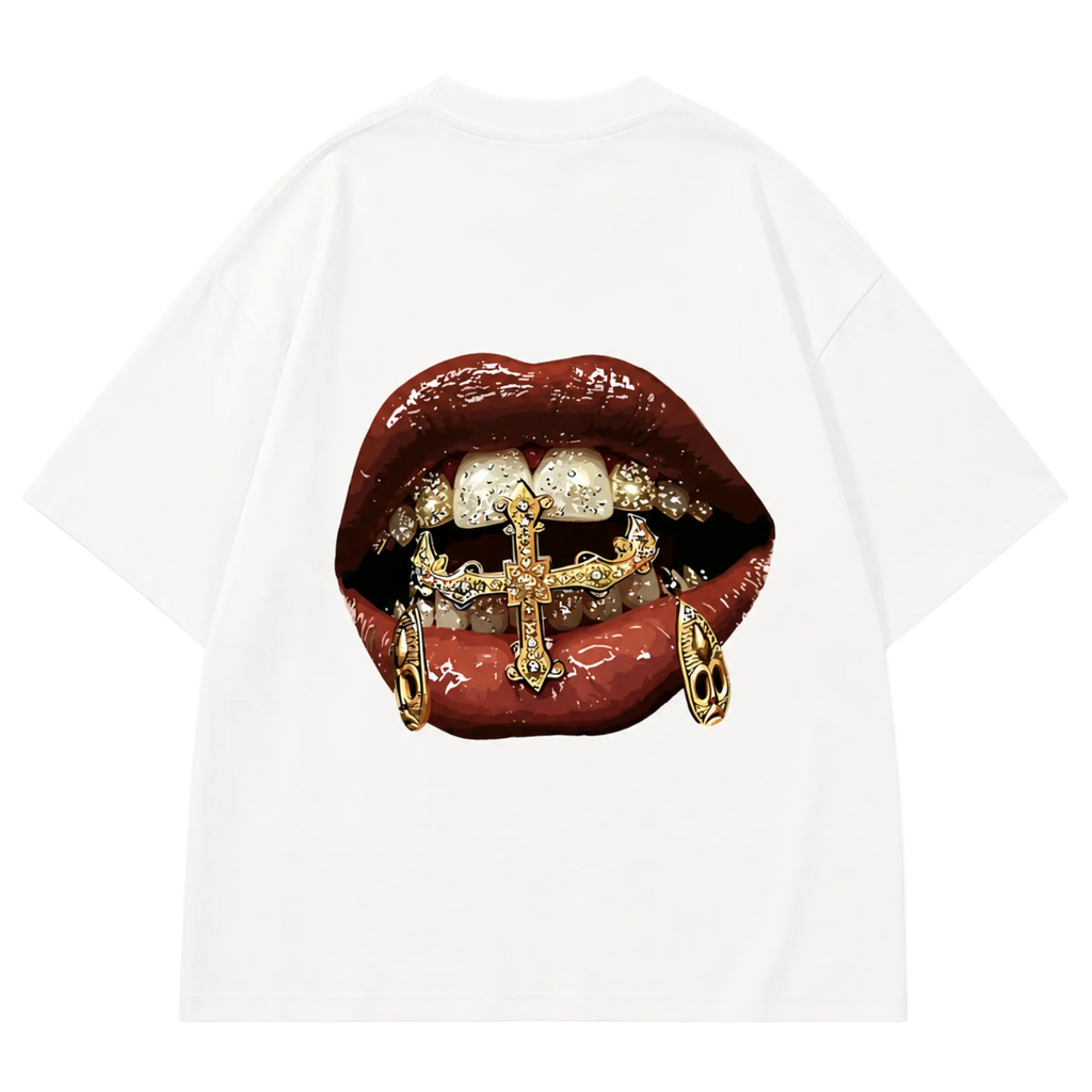 Gold Grillz Red Lips Oversized Tee