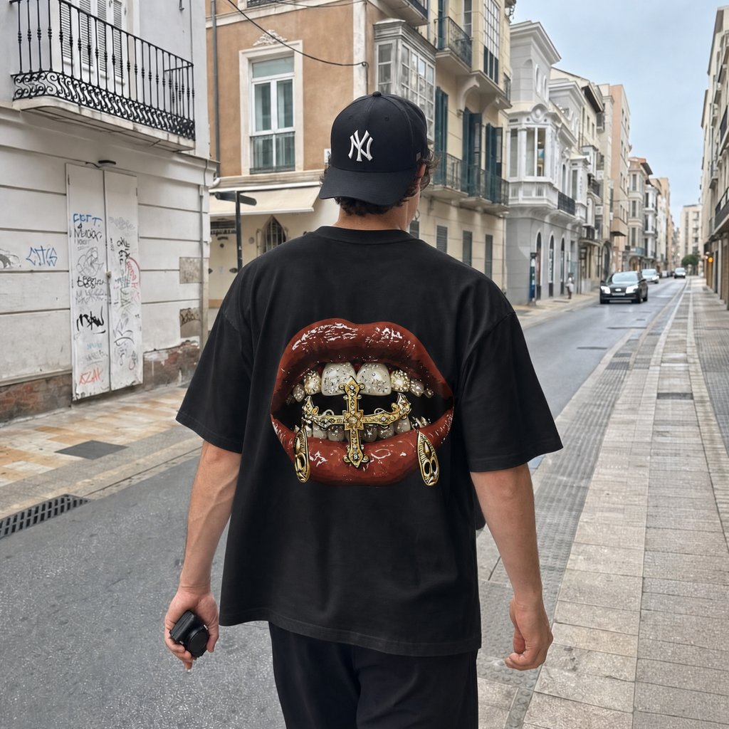 Gold Grillz Red Lips Oversized Tee