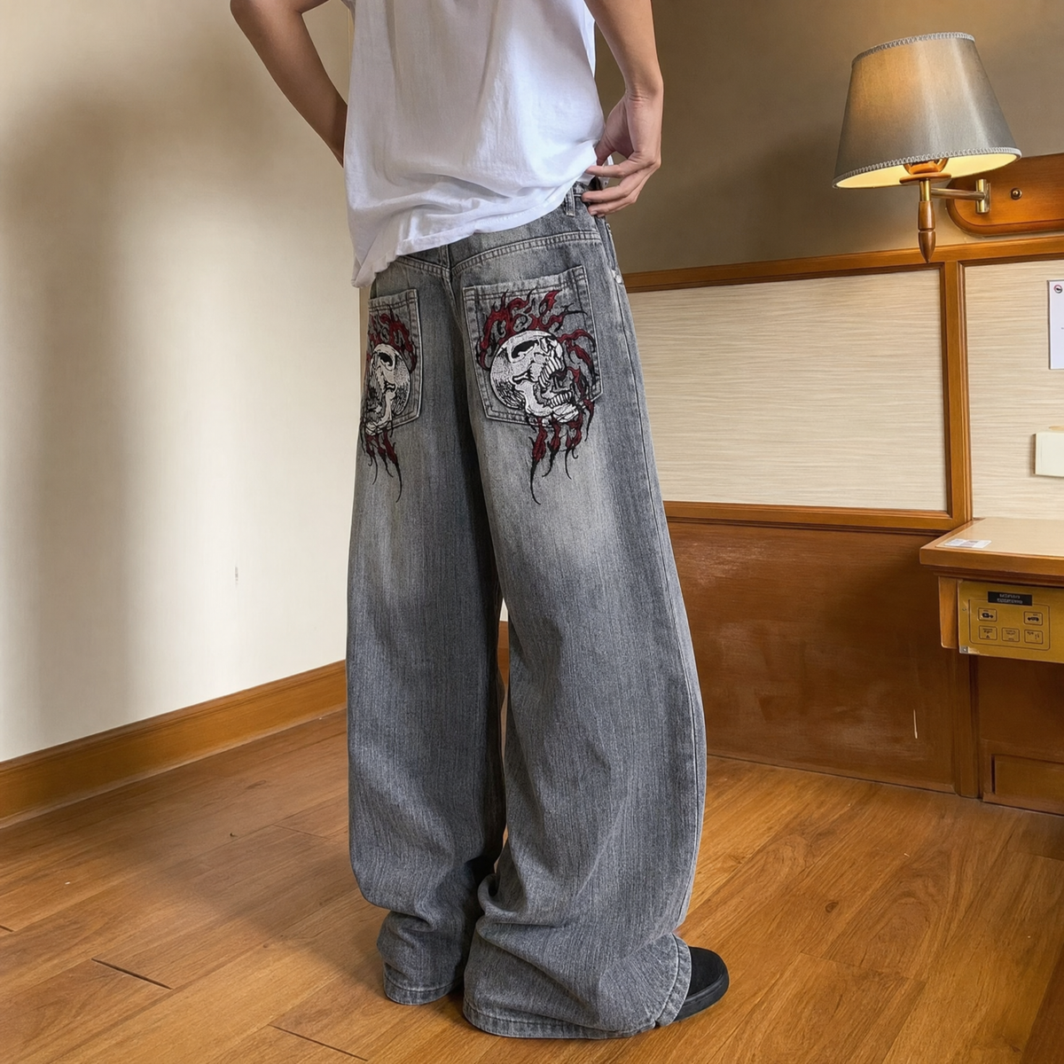 Gothic Skull Pocket Wide Leg Denim Pants
