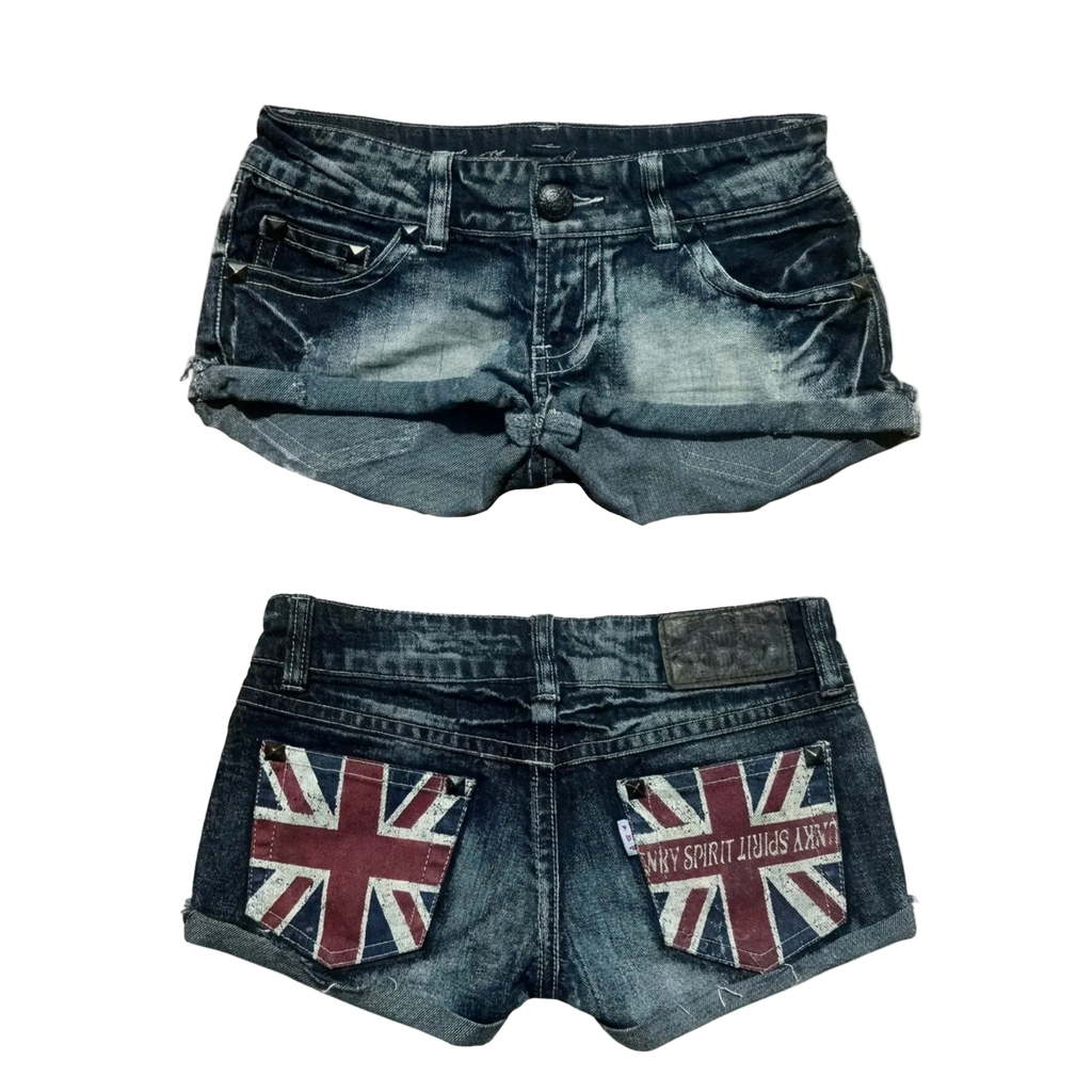 Graphic Print Black Denim Shorts