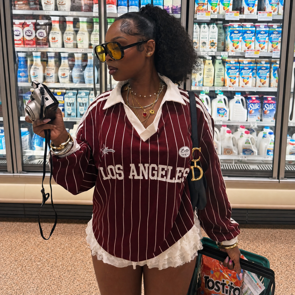 Striped Los Angeles Print Oversized Polo T-Shirt