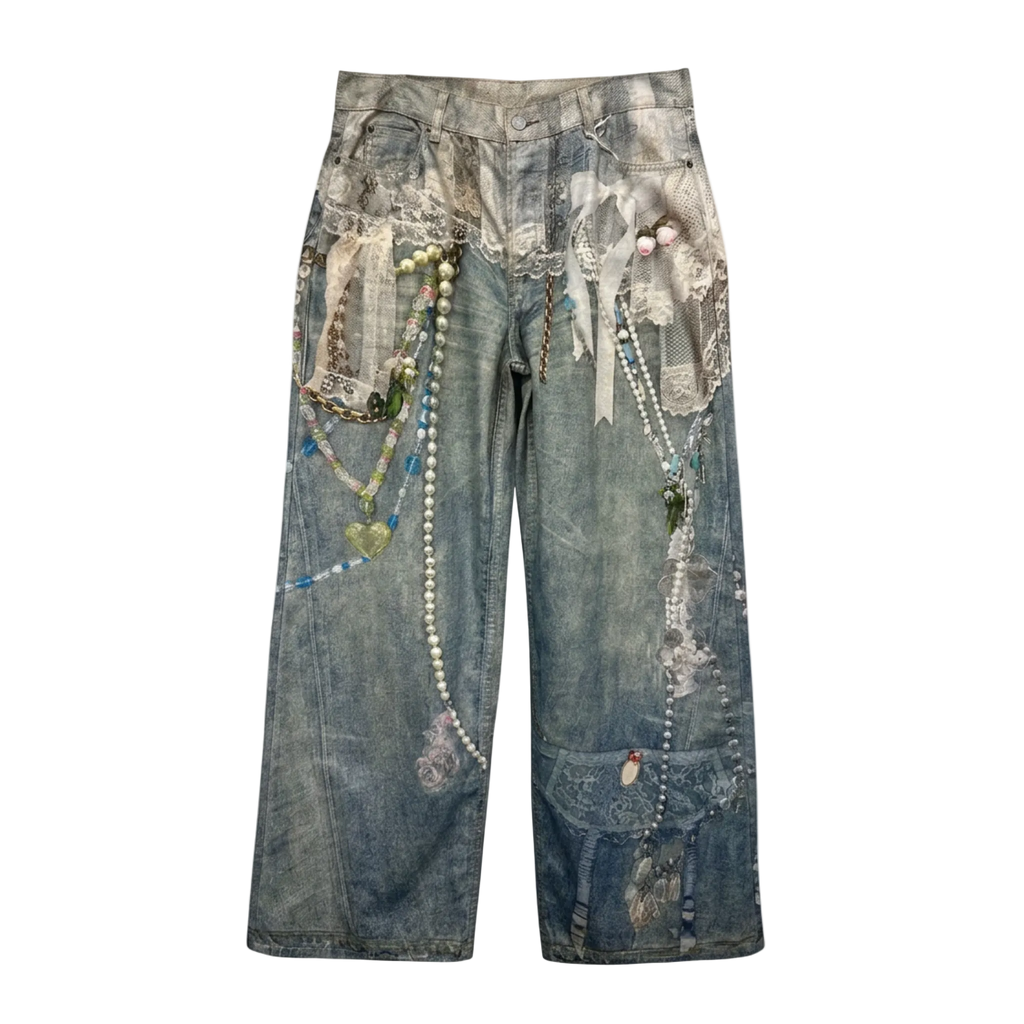Trompe L'oeil Lace Pearl Graphic Straight Jeans