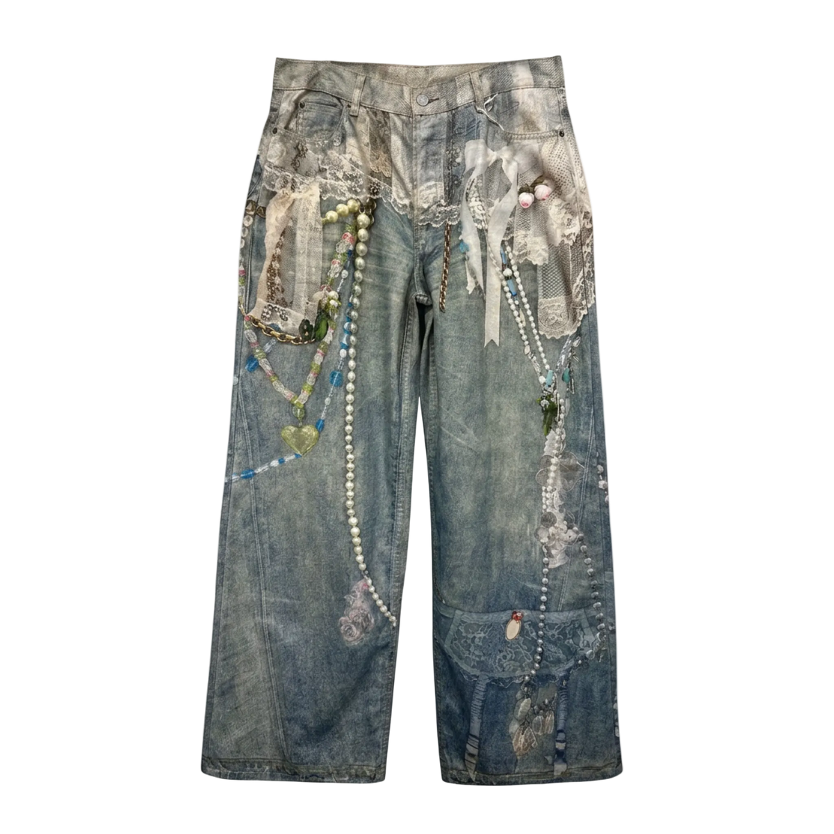 Trompe L'oeil Lace Pearl Graphic Straight Jeans