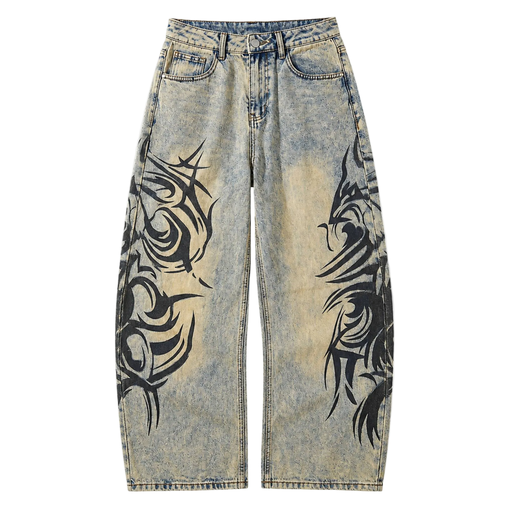 Vintage Tribal Print Wide-Leg Jeans