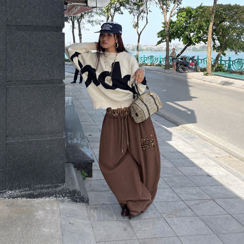 Vintage Leopard Patchwork Wide-Leg Pants