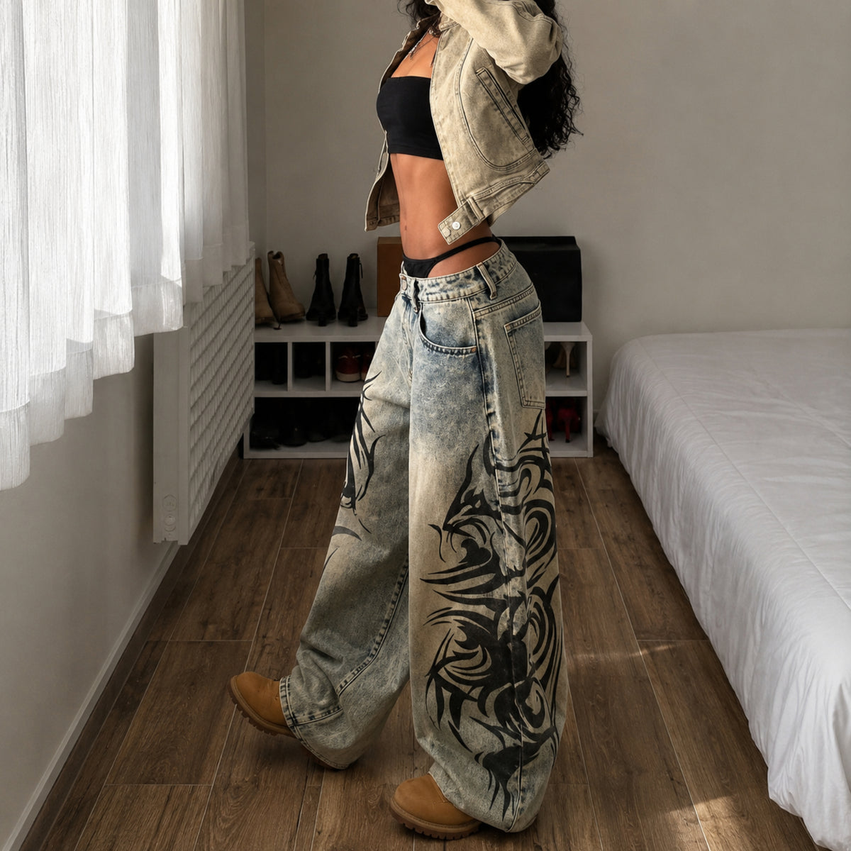 Vintage Tribal Print Wide-Leg Jeans