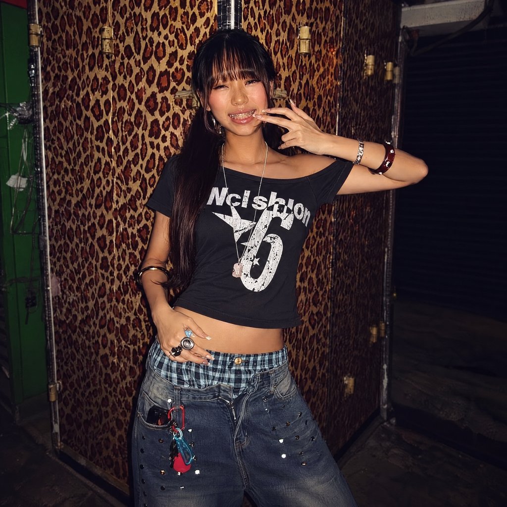 Y2K Off-Shoulder Letter Print Short-Sleeve Top