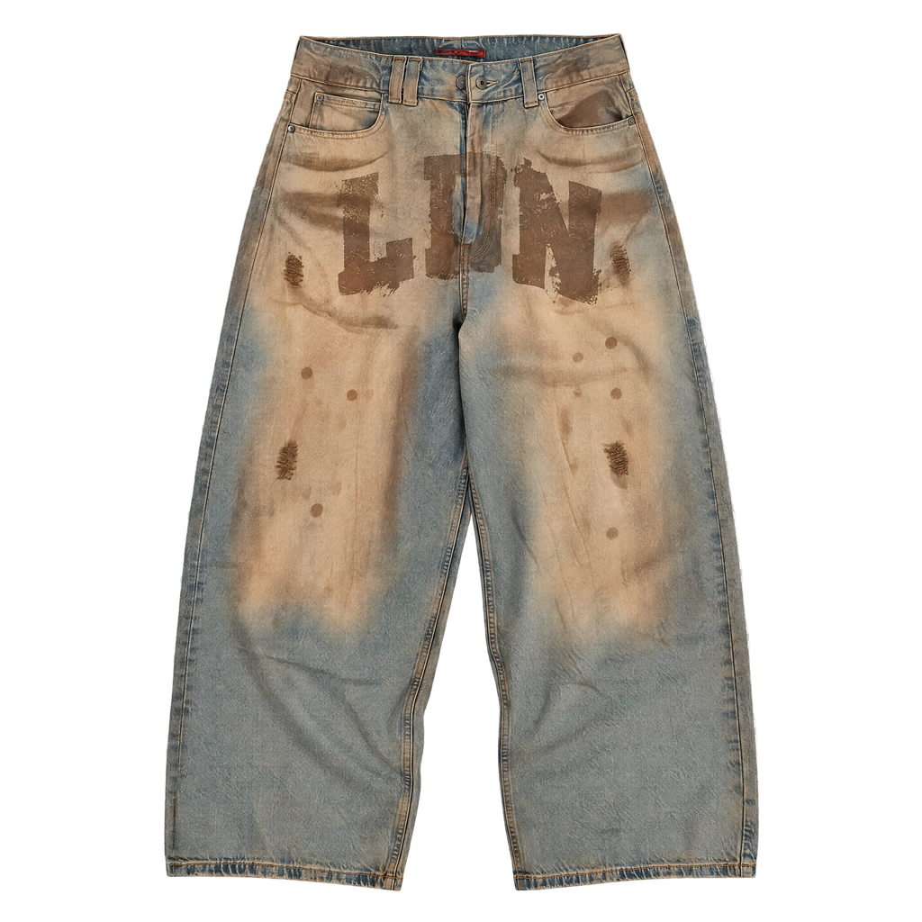 Vintage Distressed Wide-Leg Baggy Letter Print Jeans