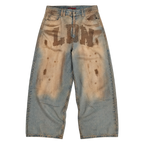 Vintage Distressed Wide-Leg Baggy Letter Print Jeans