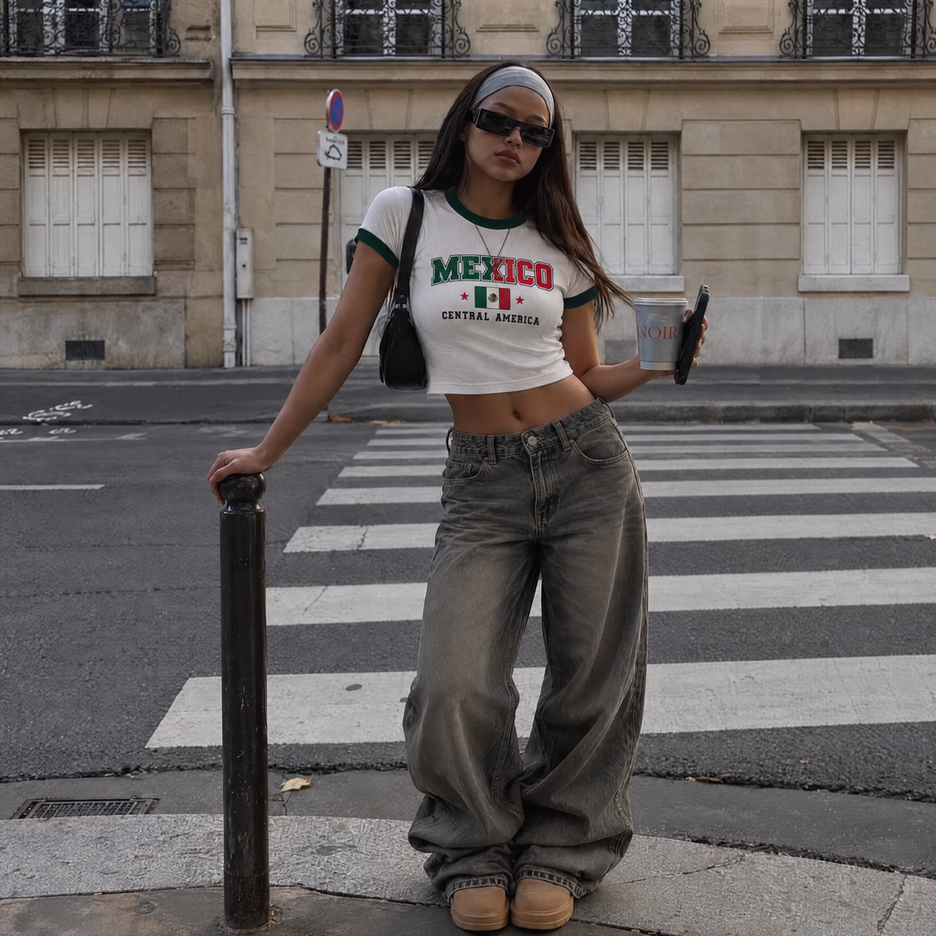 Y2K Mexico Print Slim-Fit Cropped Baby Tee