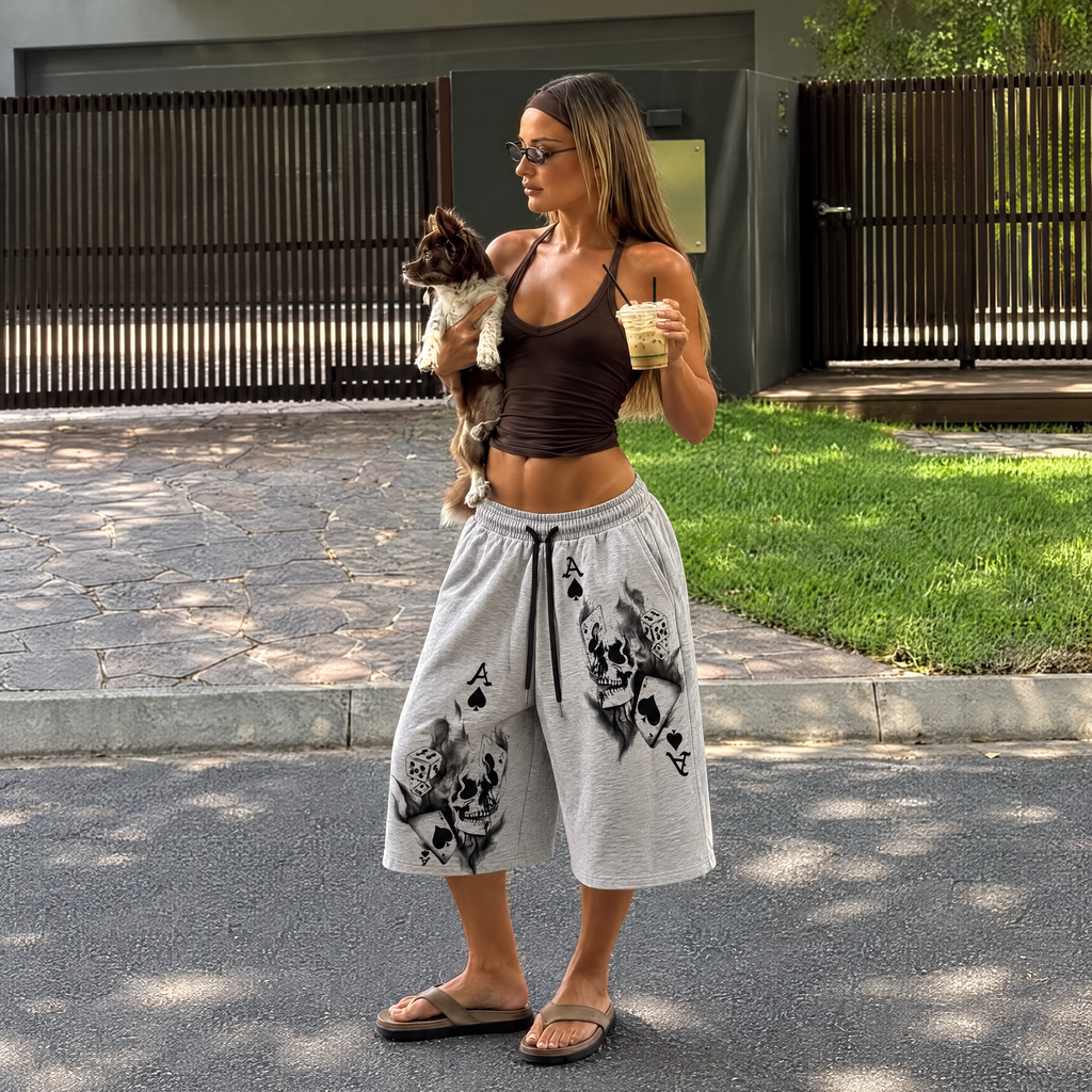 Skull Print Loose-Fit Capri Shorts