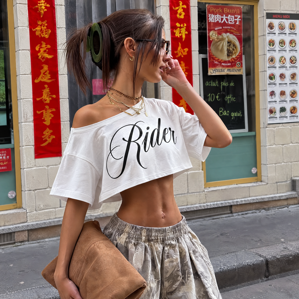 Off-Shoulder Letter Print Irregular Hem Crop Top