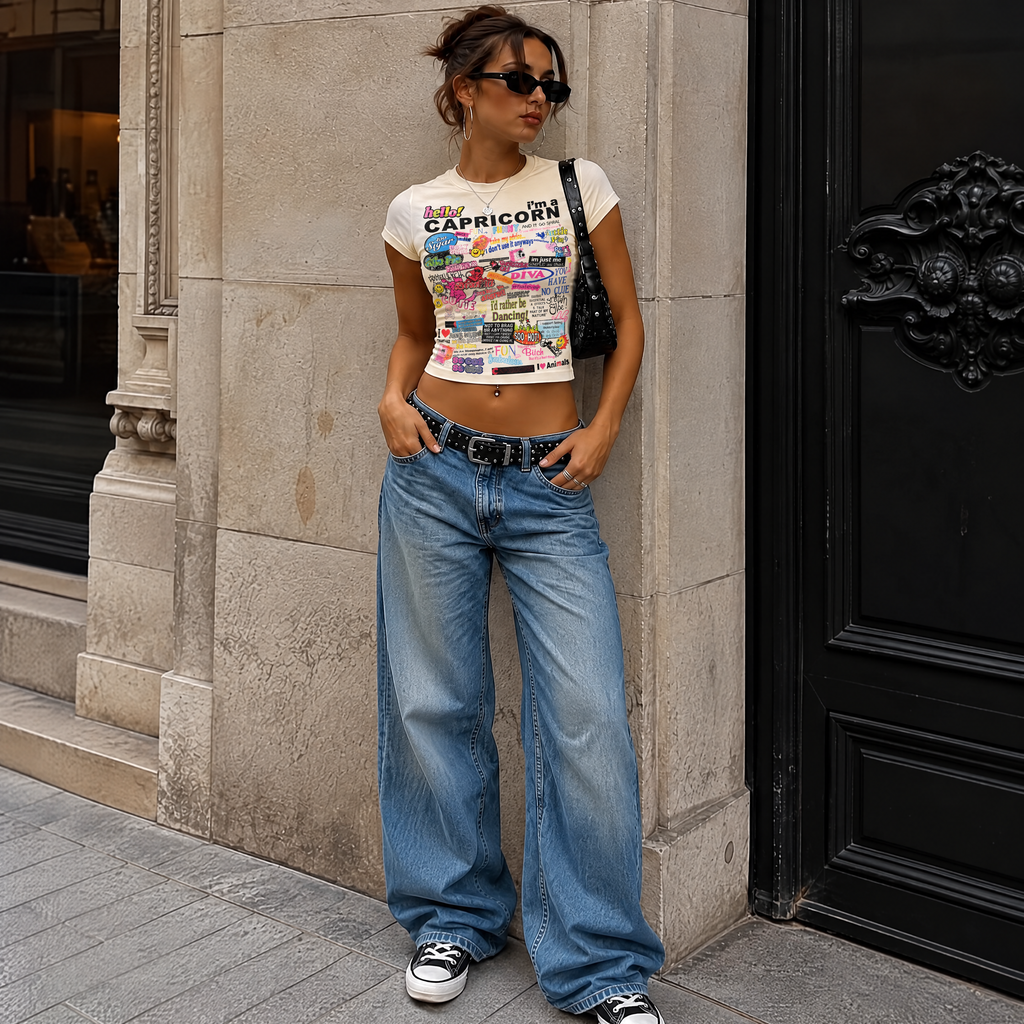 Y2K Graffiti Print Slim-Fit Cropped Tee